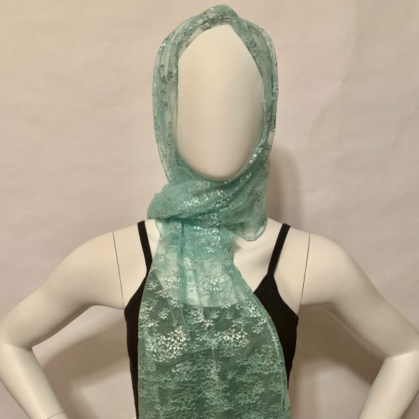 lace lt-green silver floral pattern head scarf