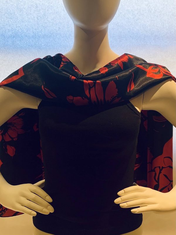 black red floral print draped back shawl