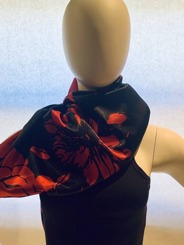 black red floral print draped scarf