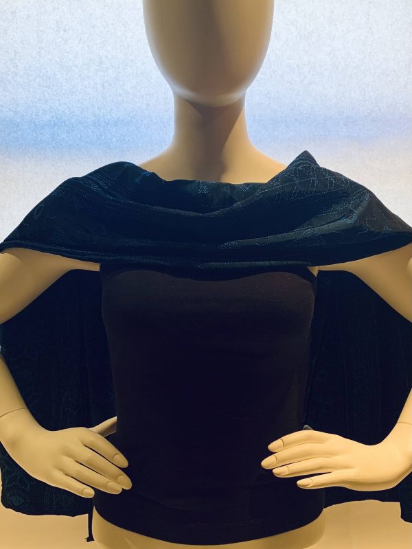 blue tribal stitch taffeta draped back shawl