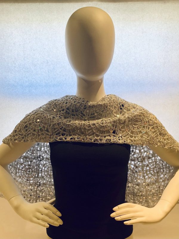 silver open weave sequin draped back shawl